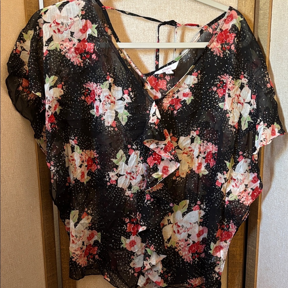 Candie's Sheer Floral Ruffle V-Neck Blouse - Black, Pink, White Small